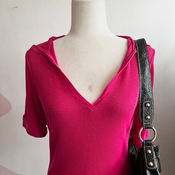 Victoria's Secret Y2K Ribbed Long Line Stretchy Hooded Top‎ Layering Preppy - Picture 2 of 6